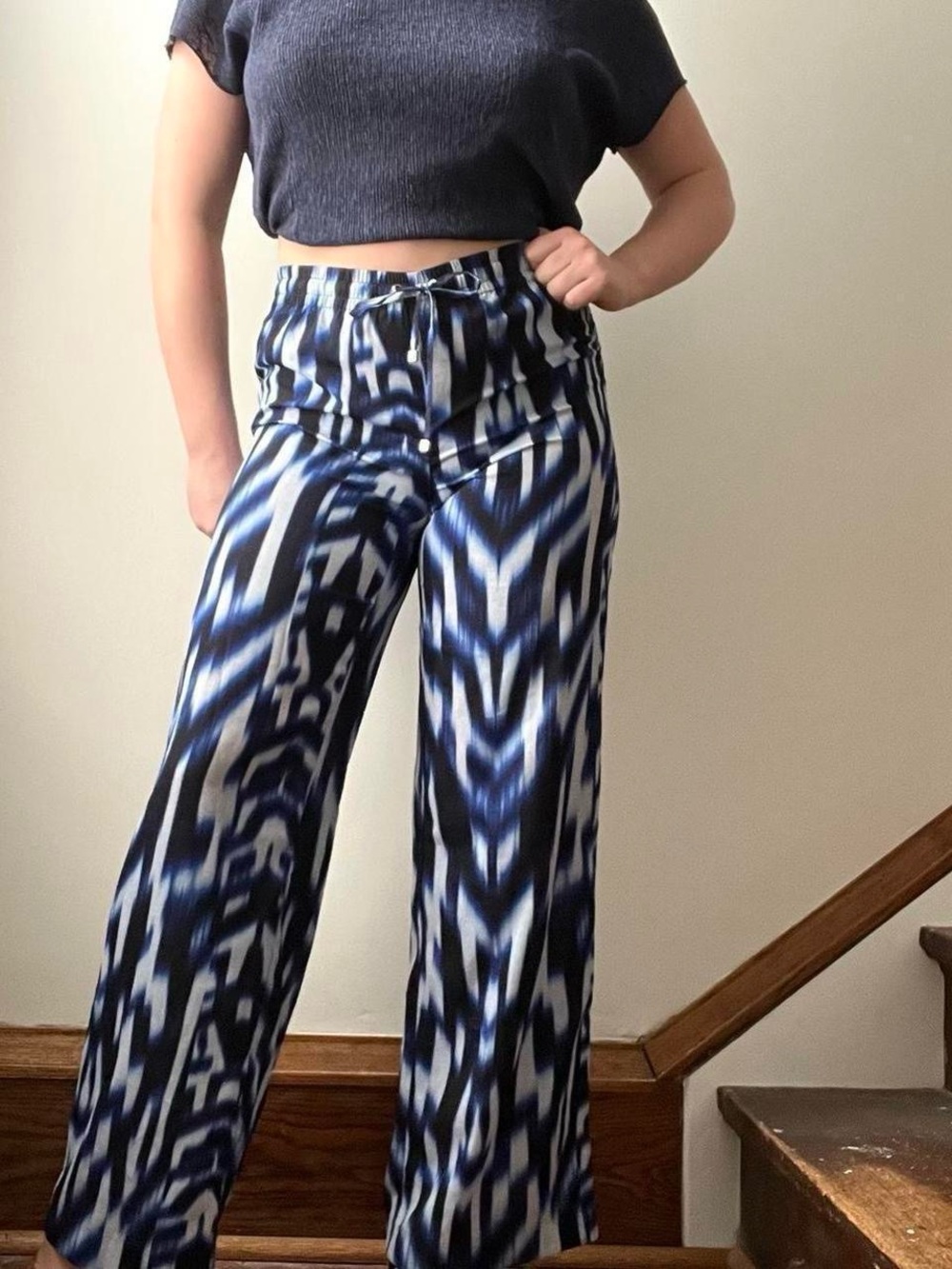 Calvin Klein blue and white abstract ikat print elastic waist summer lounge pant